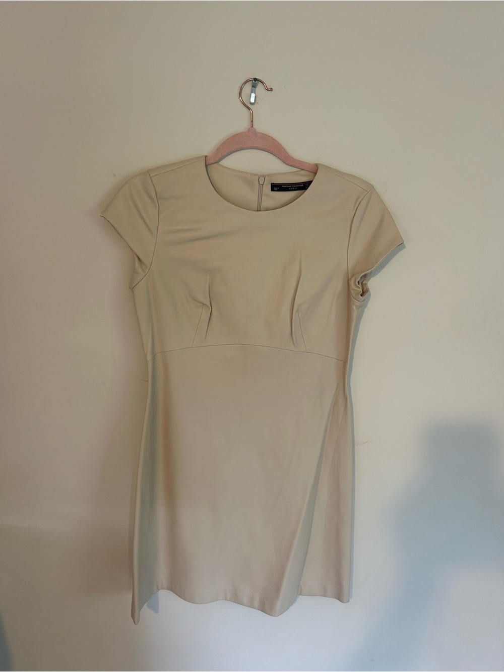 Zara Trafaluc Collection Beige Tan Short Sleeve Faux Leather Sheath Dress